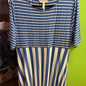 Matilda Jane Blue and White Striped Dress with Floral Trim